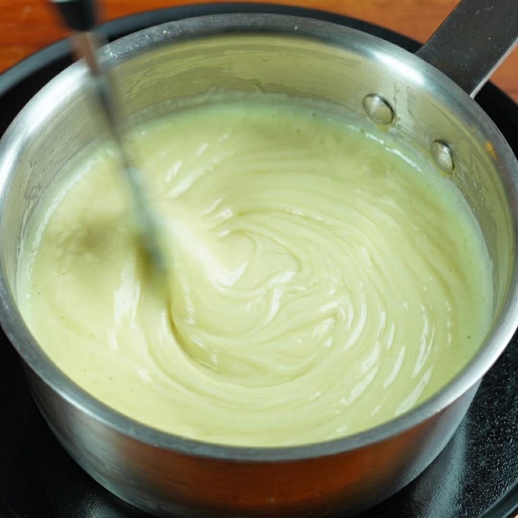 Crème liquide versée depuis une brique dans une poêle contenant le bacon et les pâtes.