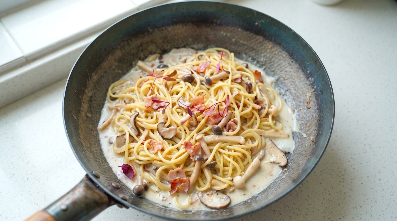 Pâtes aux cheveux d'ange, bacon et champignons crémeux