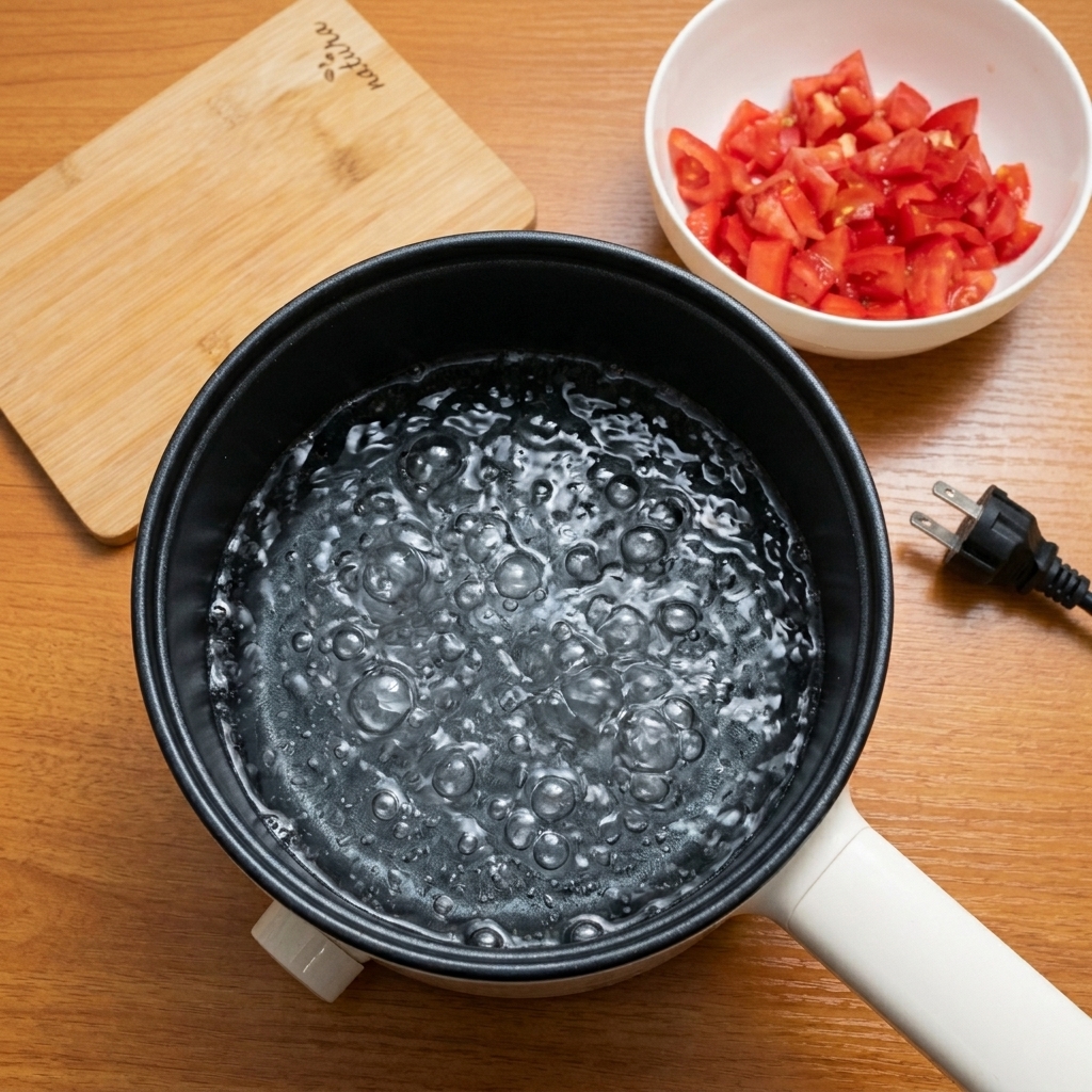 Du sel saupoudré dans une casserole deau frémissante pour la cuisson des spaghettis.