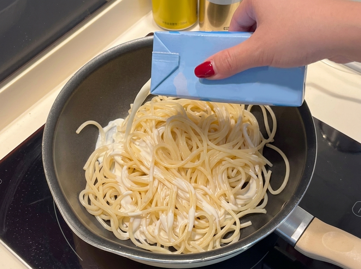Crème liquide versée sur des spaghettis cuits dans une poêle.