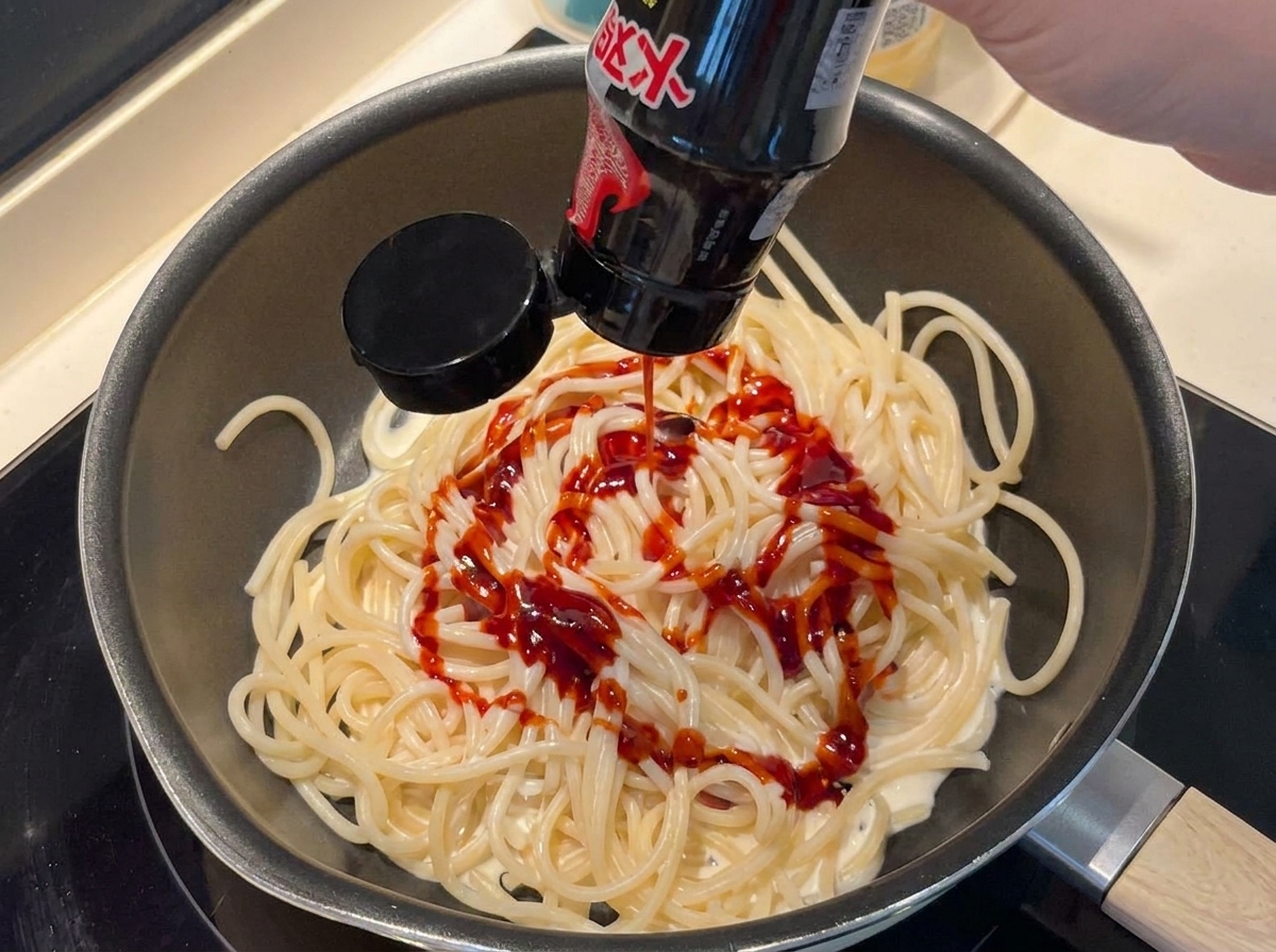 Sauce rouge épicée ajoutée directement sur les spaghettis.