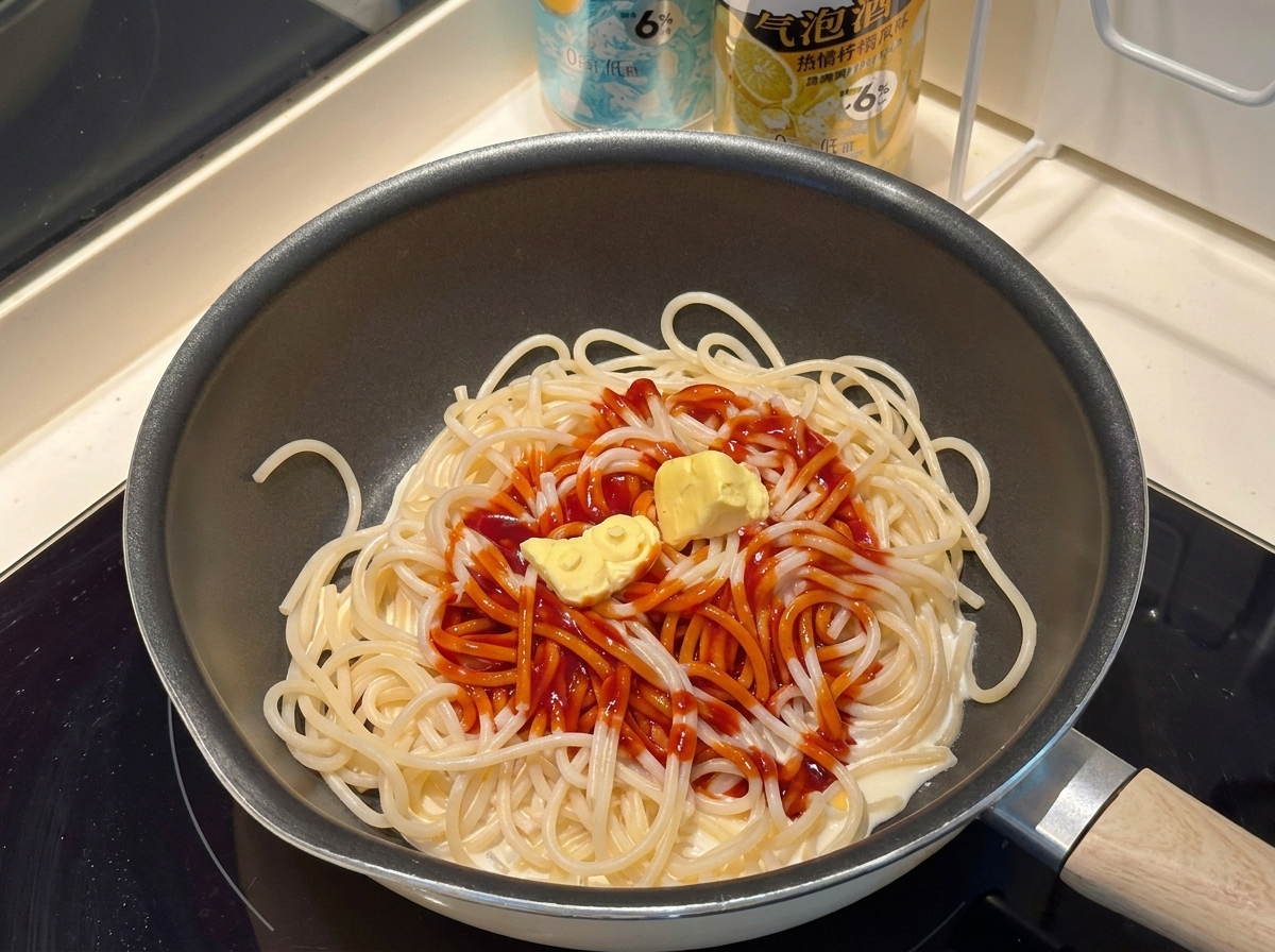 Ketchup et noisette de beurre ajoutés dans la poêle.
