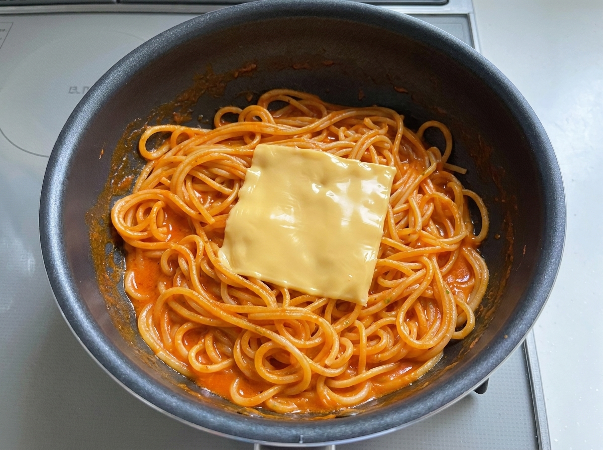 Une tranche de fromage jaune posée sur les spaghettis.