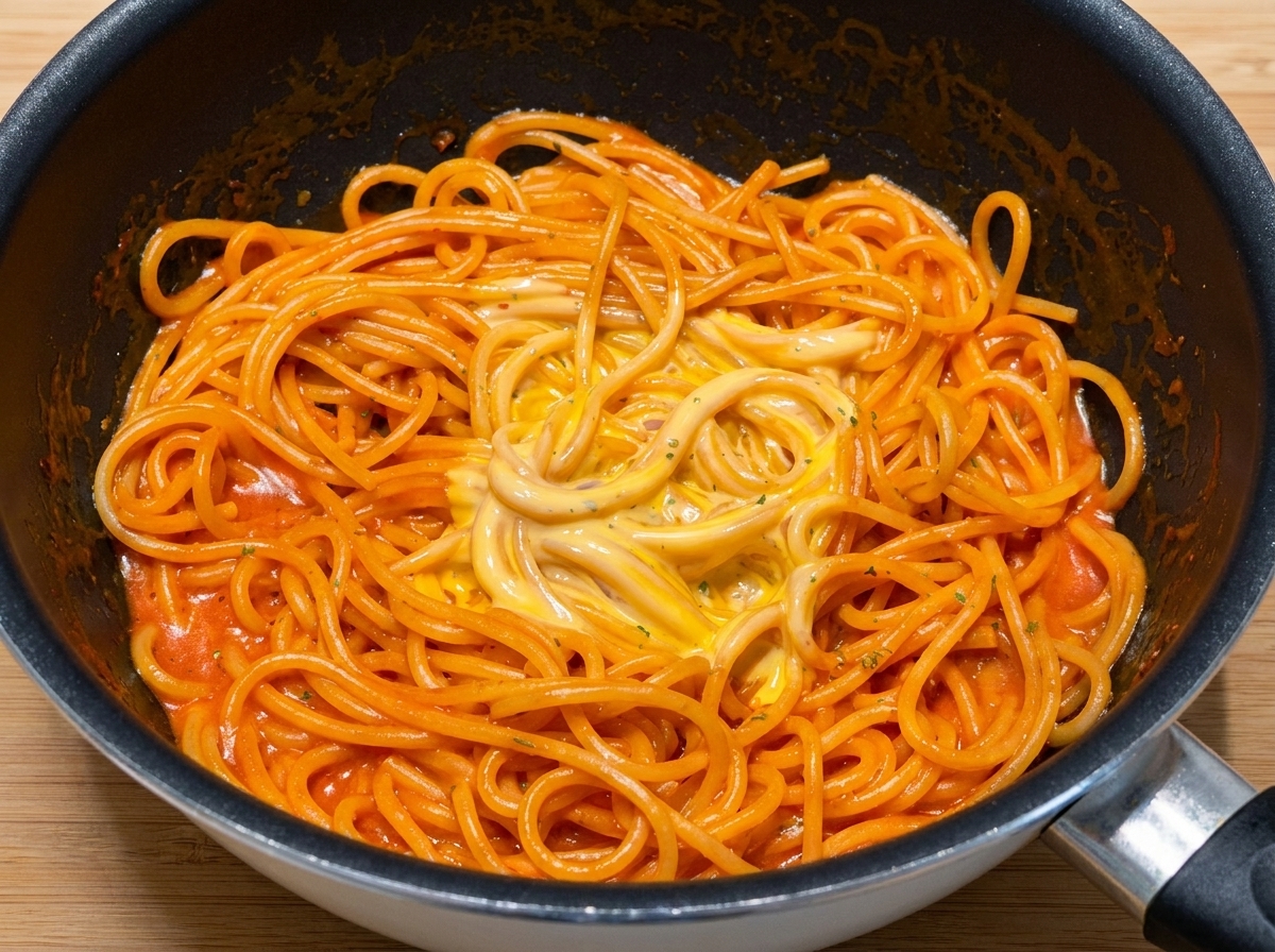 Persil séché saupoudré sur le dessus des spaghettis.