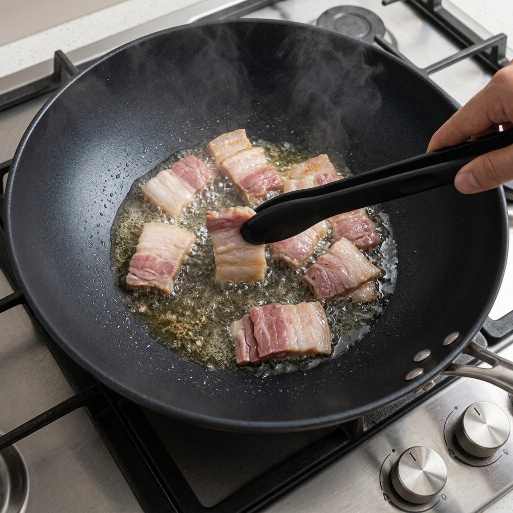 Morceaux de bacon en train de frire dans un wok avec de la graisse fondue visible.