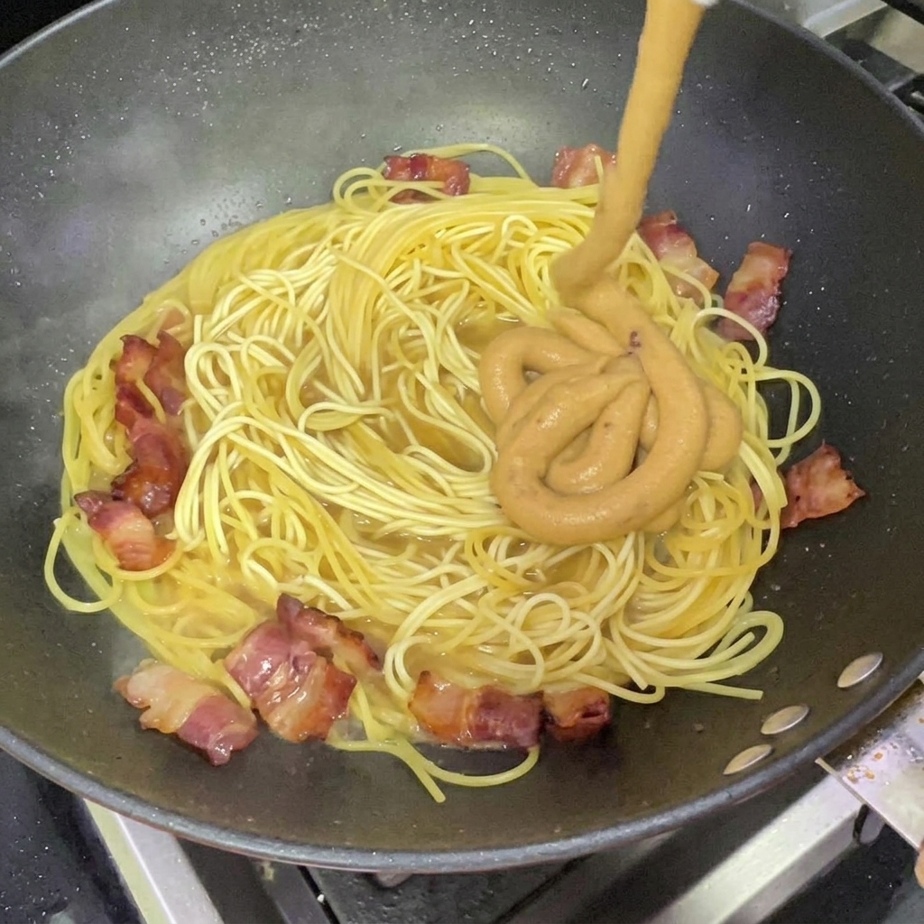 Sauce épaisse à la crème et au fromage versée sur les spaghettis.