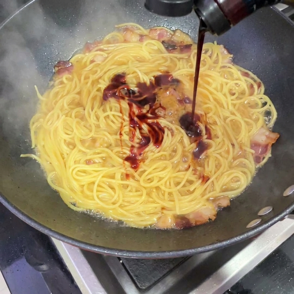 Sauce rouge épicée Buldak versée sur les spaghettis dans le wok.