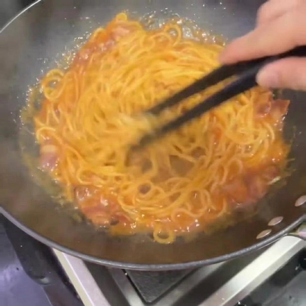 Spaghettis mélangés avec des baguettes pour bien répartir la sauce crémeuse épicée.