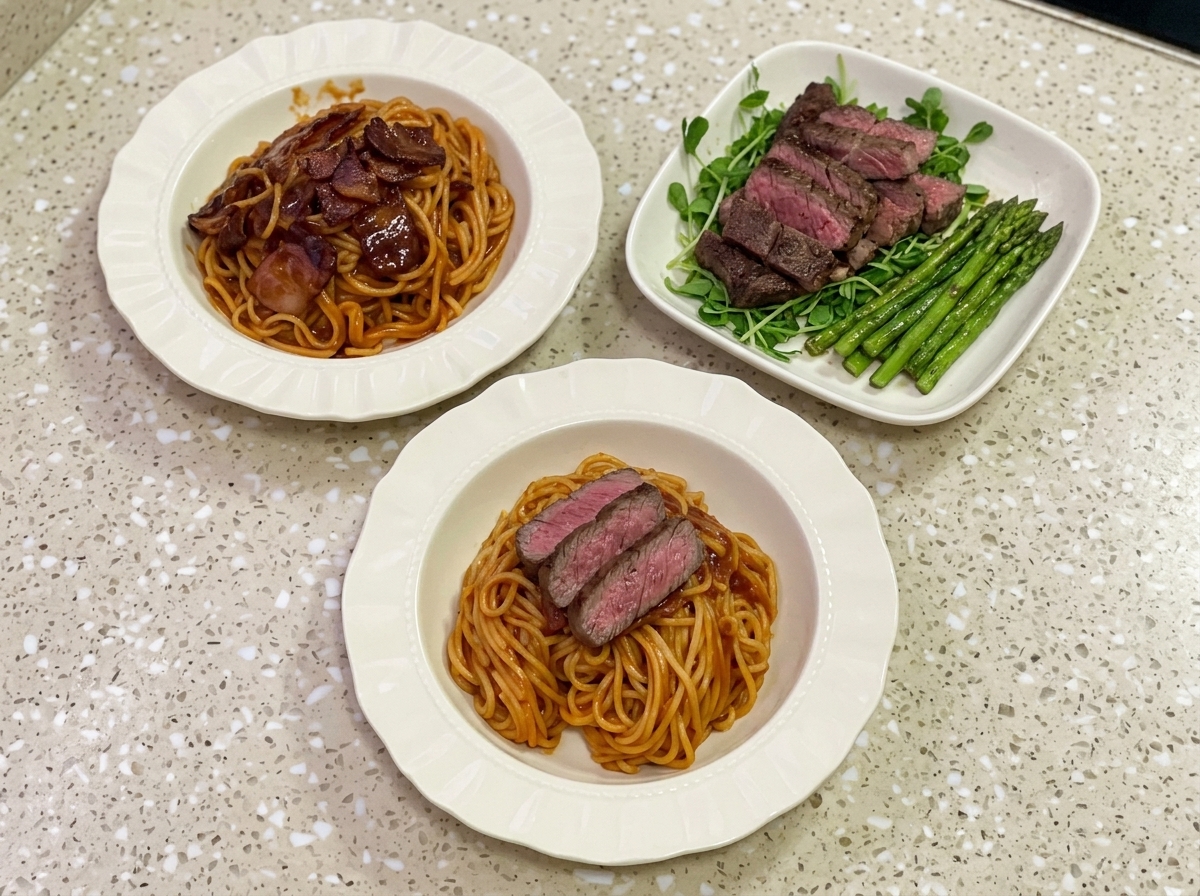 Tranches de steak tendre disposées sur le dessus des spaghettis épicés.