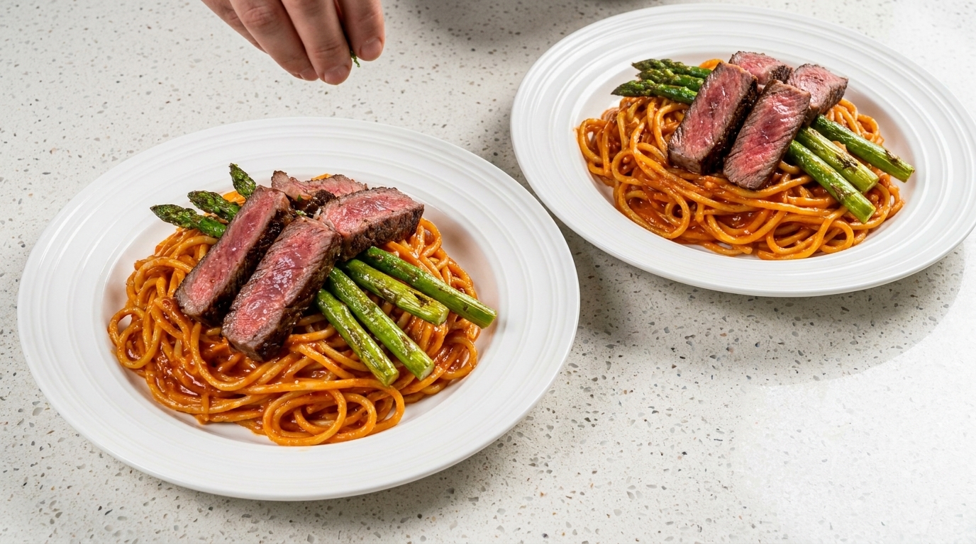 Deux assiettes de spaghettis épicés à la sauce crémeuse Buldak, garnis de bœuf saisi, dasperges et dune touche de poivre noir.