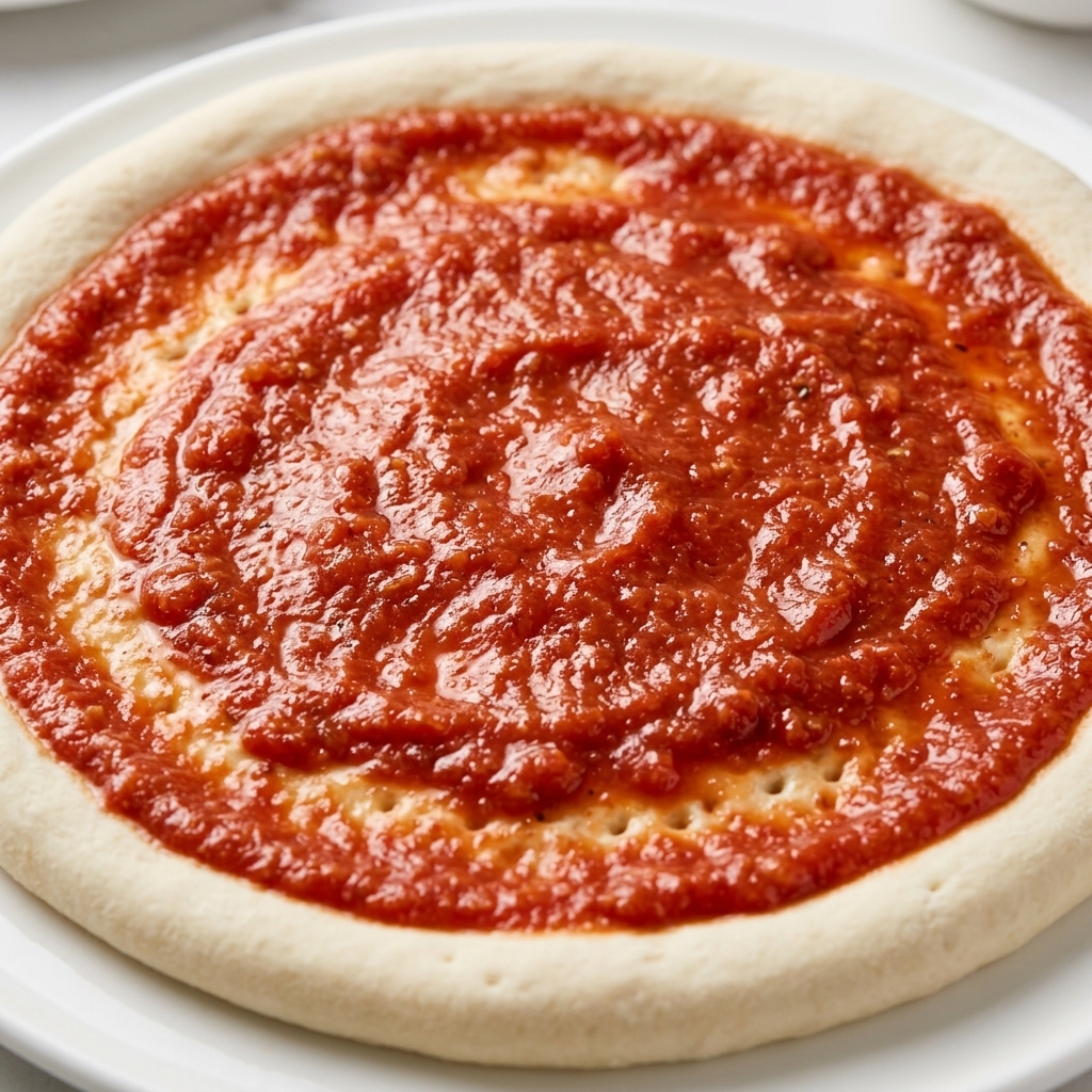 Une couche de fromage râpé étant dispersée sur la pizza sauce tomate.