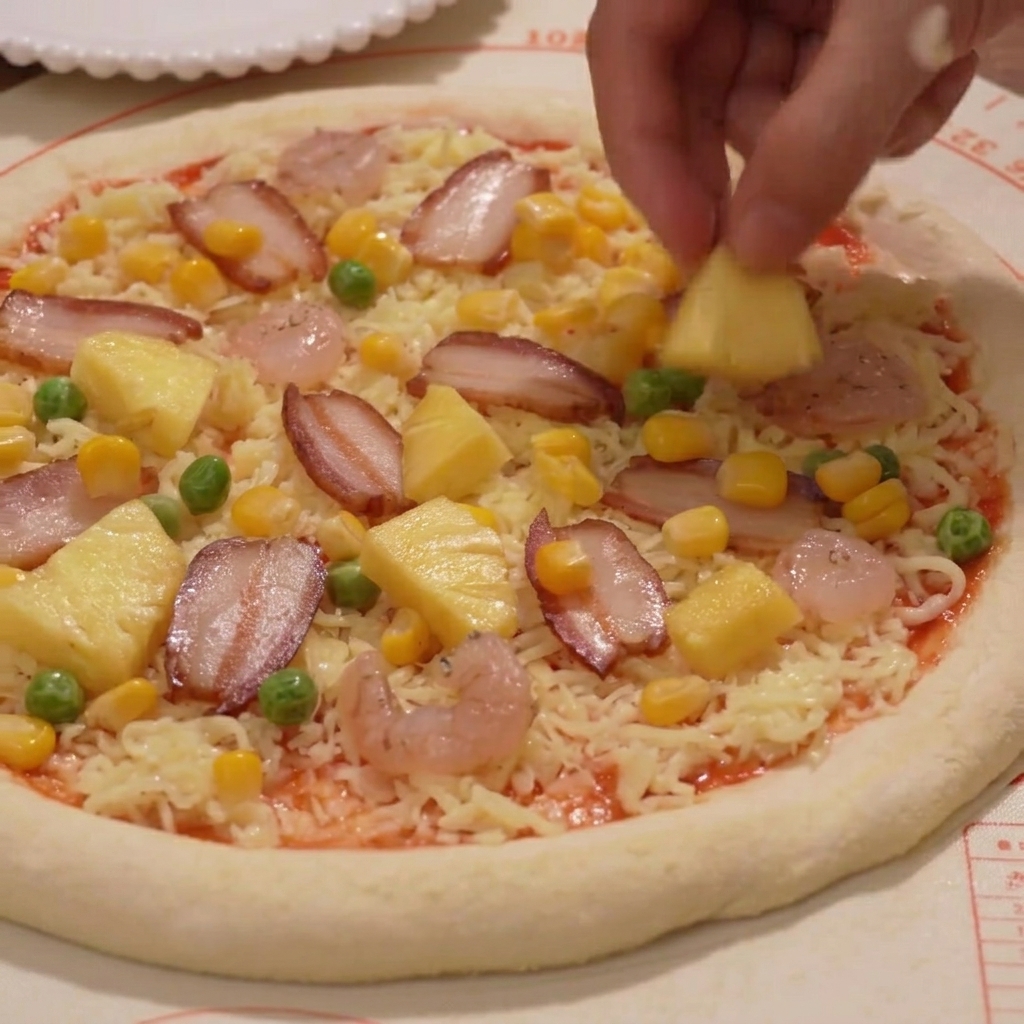 Des morceaux dananas, du maïs et des petits pois étant dispersés sur les garnitures de la pizza.