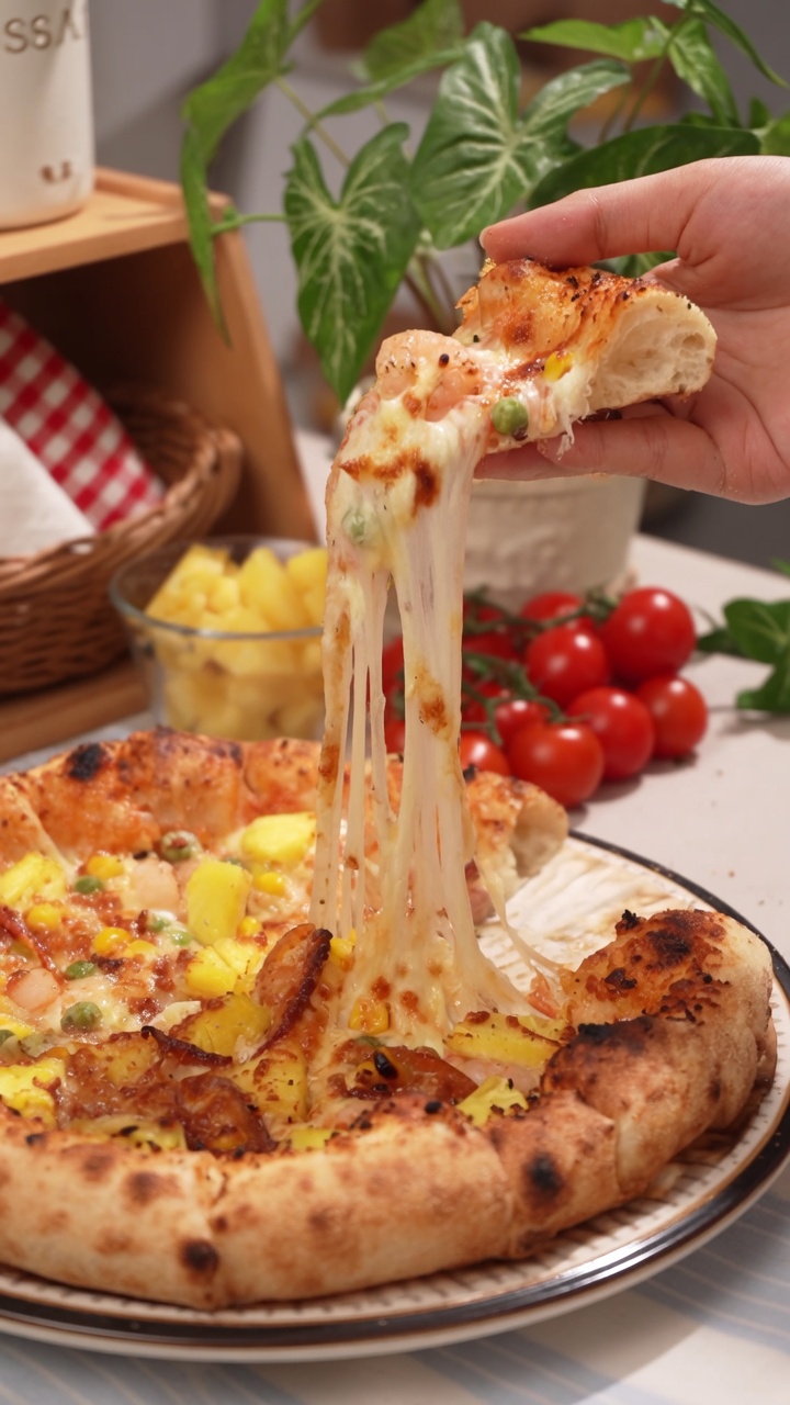 Une pizza hawaïenne fraîchement sortie du four, garnie dananas doré, de jambon savoureux, de crevettes et dun fromage parfaitement fondant.