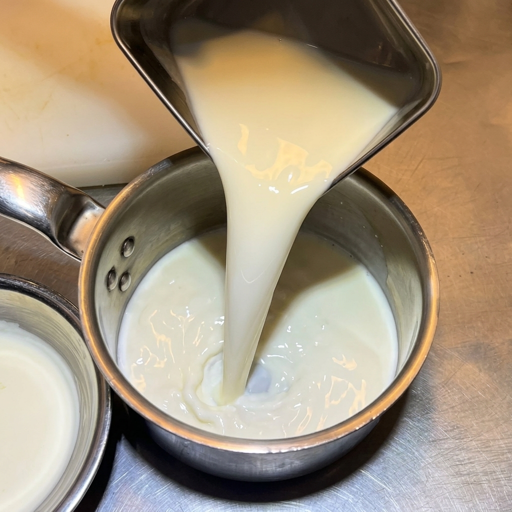 Versement du lait dans une casserole en inox.