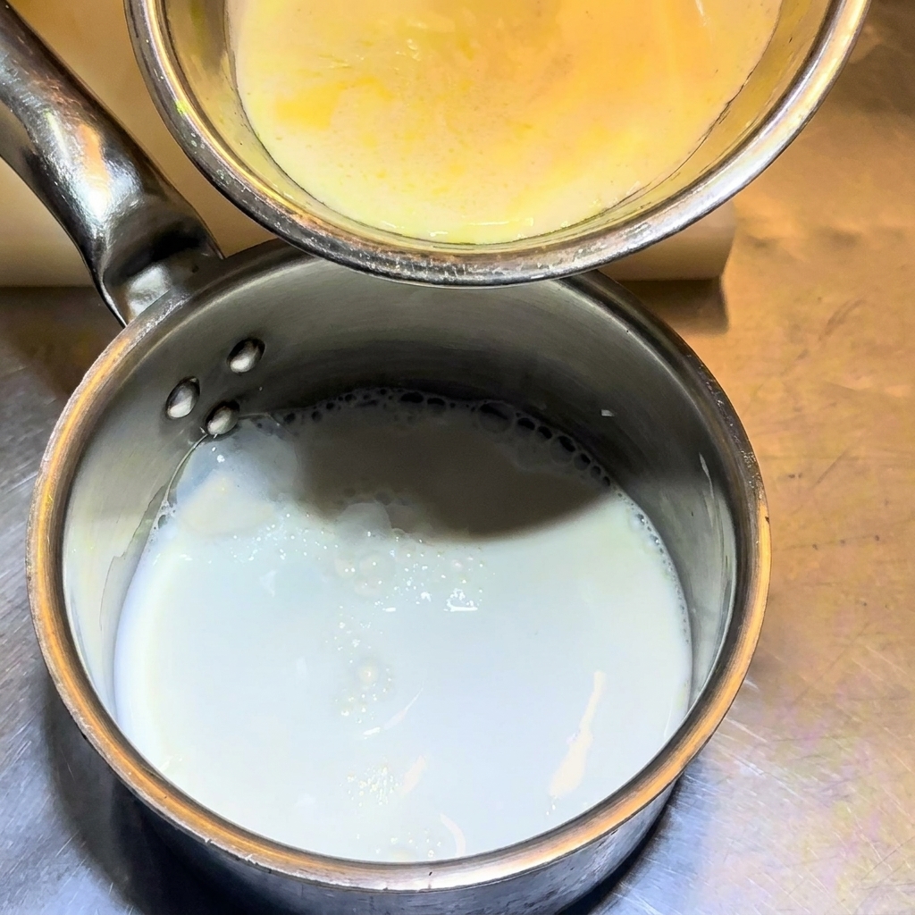Versement de la crème liquide dans la casserole avec le lait.