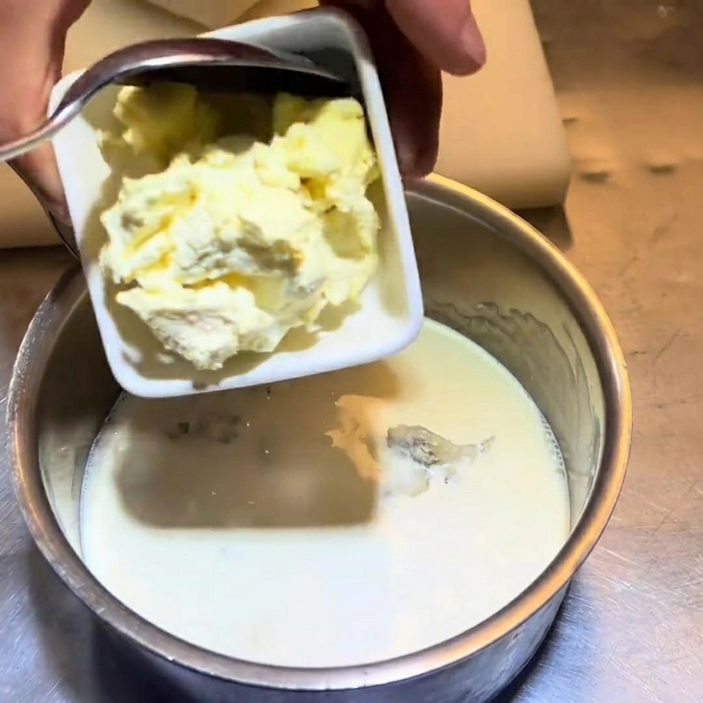 Utilisation dune cuillère pour ajouter des morceaux de fromage frais dans la casserole.