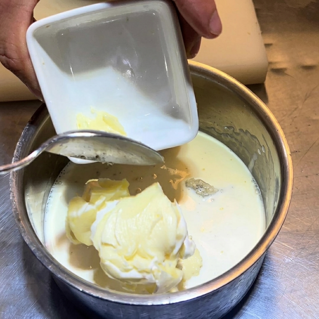 Morceaux de brie ajoutés dans la casserole contenant le lait, la crème, le bleu et le fromage frais.