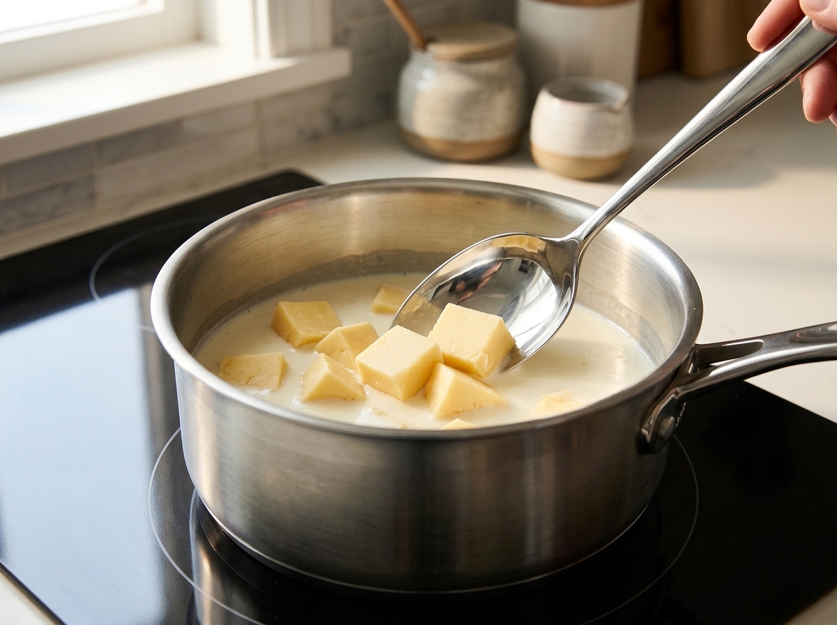 Remuage des morceaux de fromage dans le liquide crémeux de la casserole.