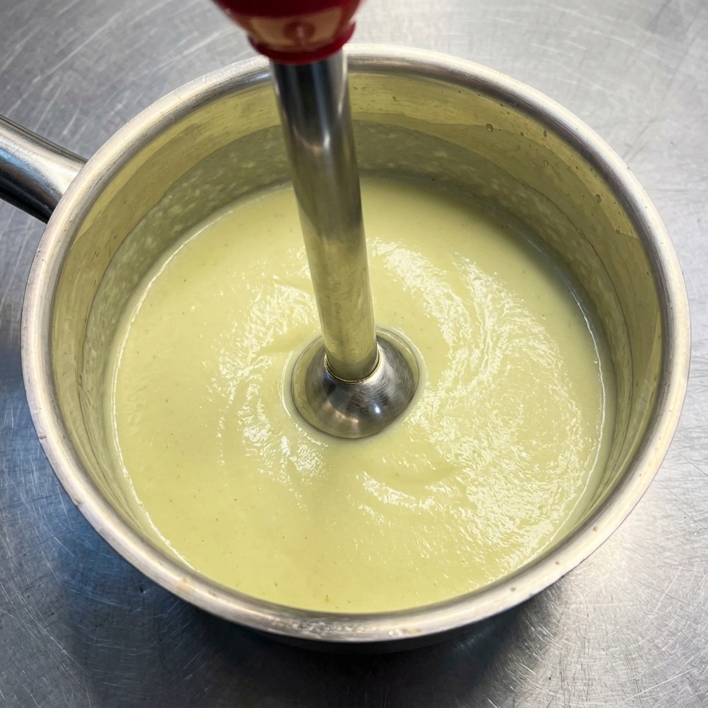 Utilisation dun mixeur plongeant dans la sauce au fromage dans la casserole.