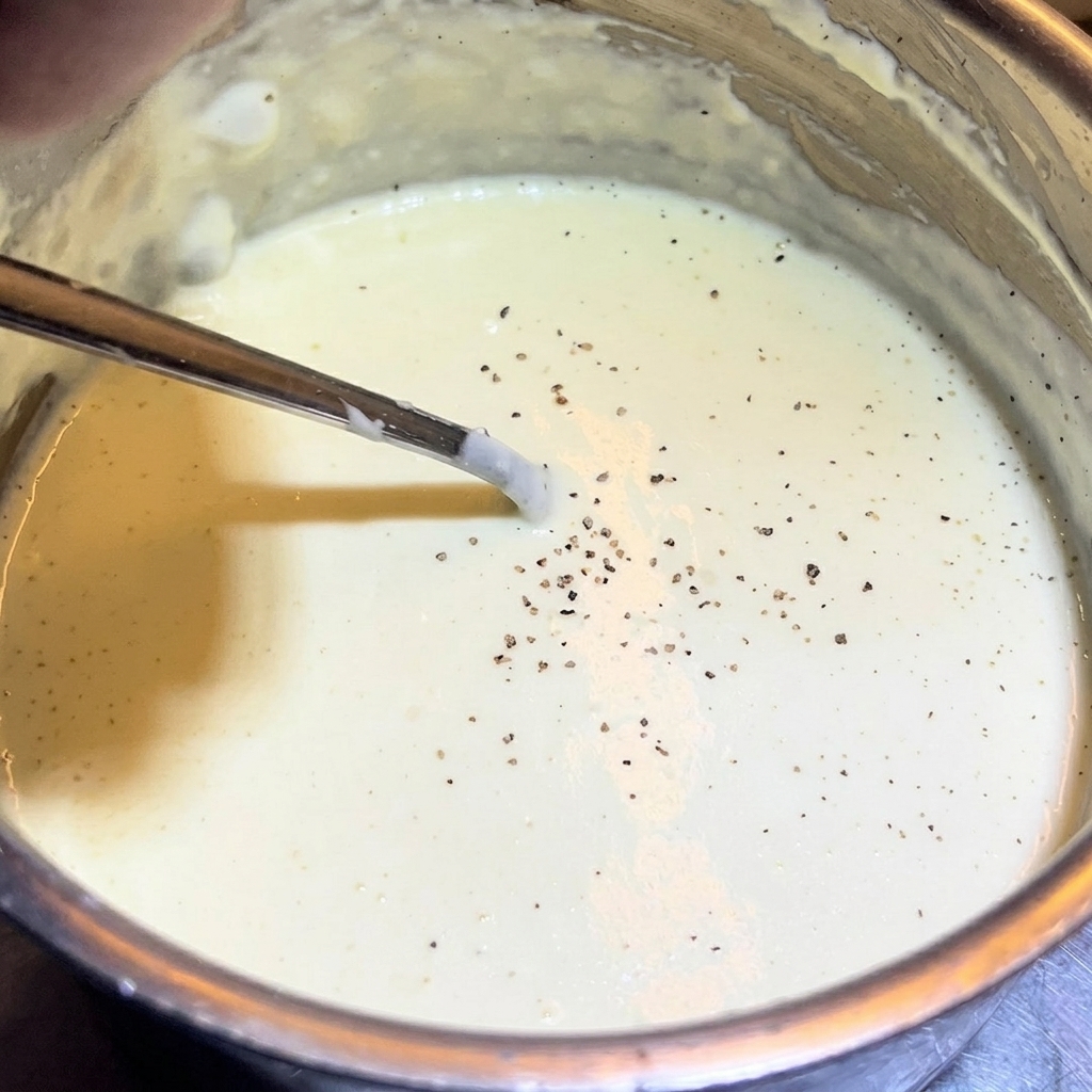 Poivre noir fraîchement moulu saupoudré sur la surface de la sauce.