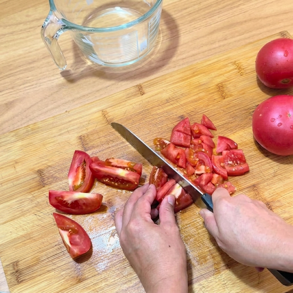 Des mains découpant soigneusement une tomate rouge fraîche en petits dés sur une planche en bois.