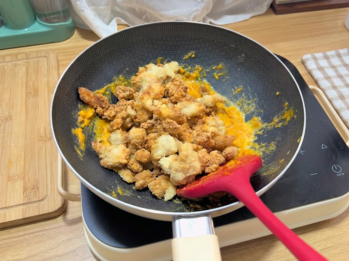 Les morceaux de poulet pané senrobant du mélange jaune dœuf salé dans la poêle.