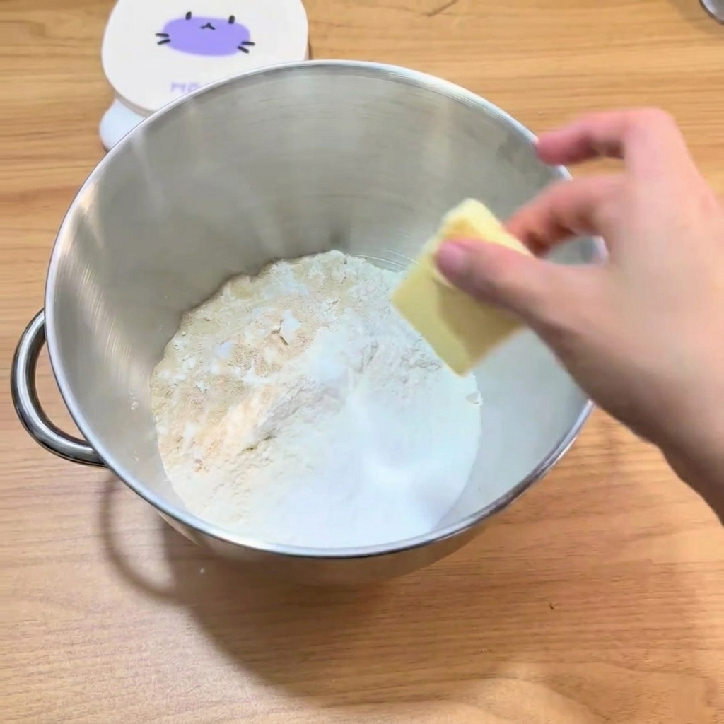 Les ingrédients secs et liquides dans le bol du robot pâtissier, prêts à être pétris.