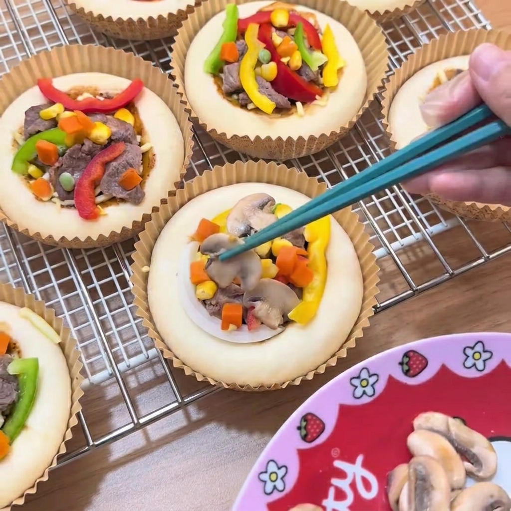 Des baguettes disposant des tranches de champignons sur une mini pizza garnie de bœuf, poivrons, maïs et petits pois.