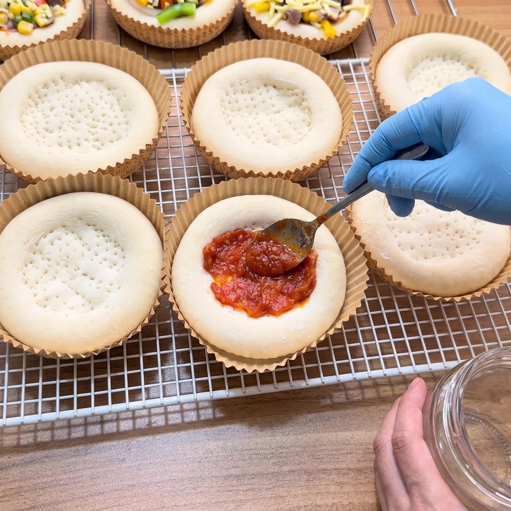 Une main gantée utilisant une cuillère pour étaler une sauce tomate épaisse sur une croûte de mini pizza précuite.