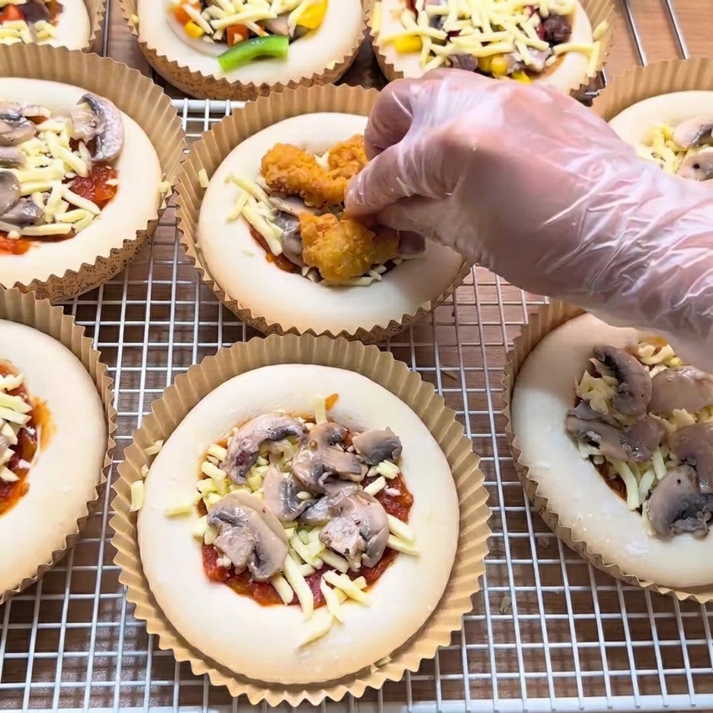 Une main gantée déposant des morceaux de poulet doré sur une mini pizza tapissée de fromage et de champignons.