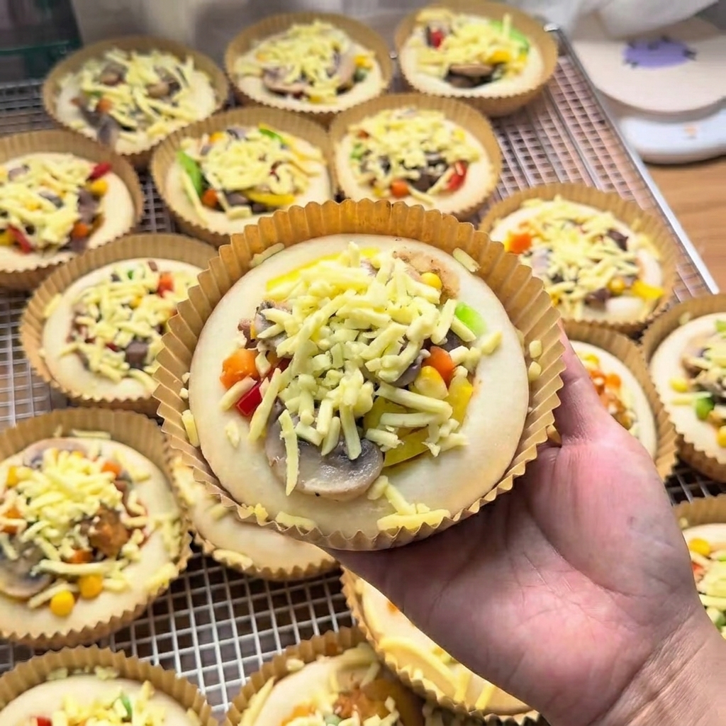 Une main tenant une mini pizza entièrement assemblée, généreusement recouverte de fromage râpé.