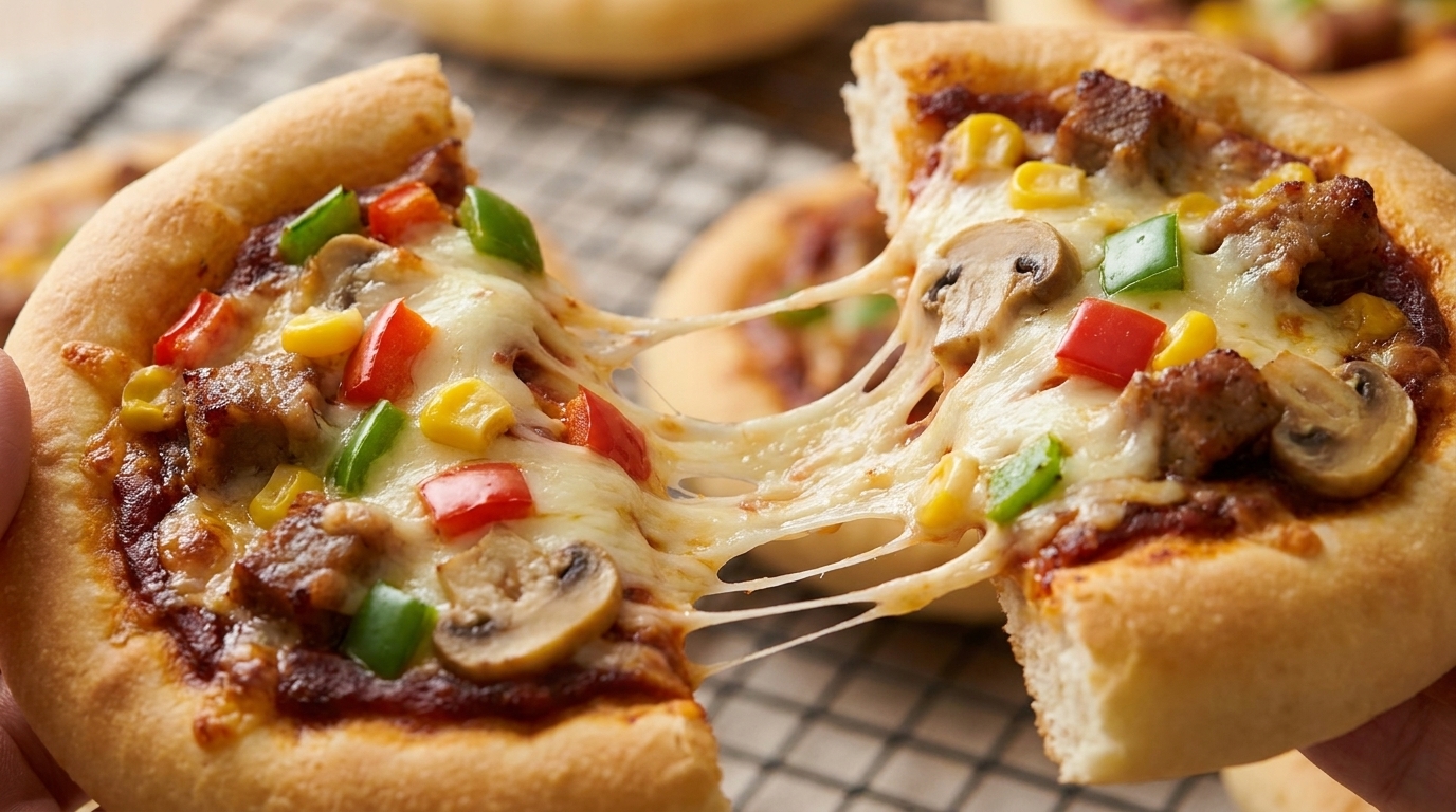 Gros plan dune mini pizza tout juste sortie du four, coupée en deux pour dévoiler une mozzarella fondante et filante.
