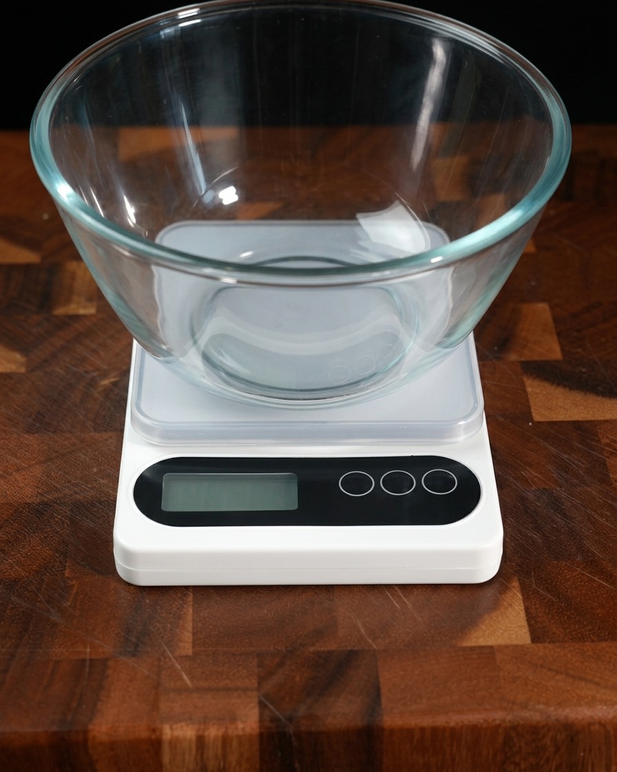 Une balance de cuisine numérique affichant le poids de la farine dans un bol en verre.