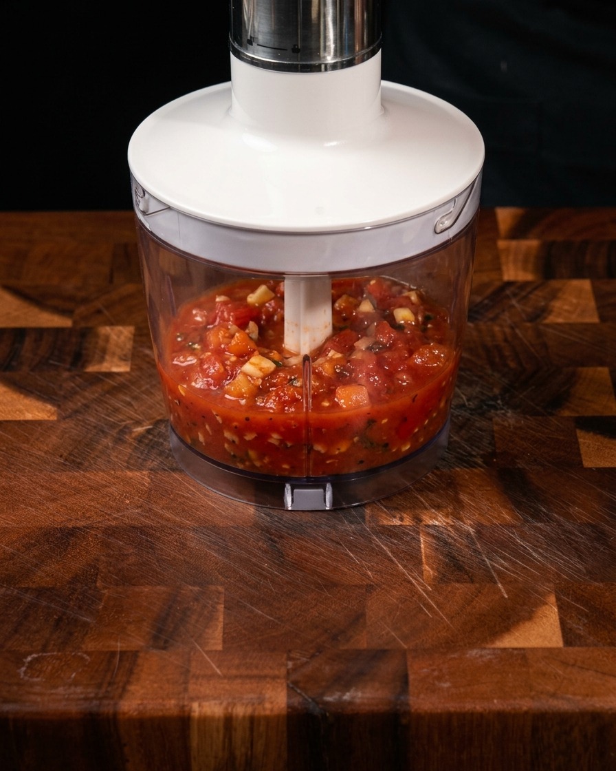 Sauce tomate rouge lisse dans le bol dun robot culinaire après mixage.