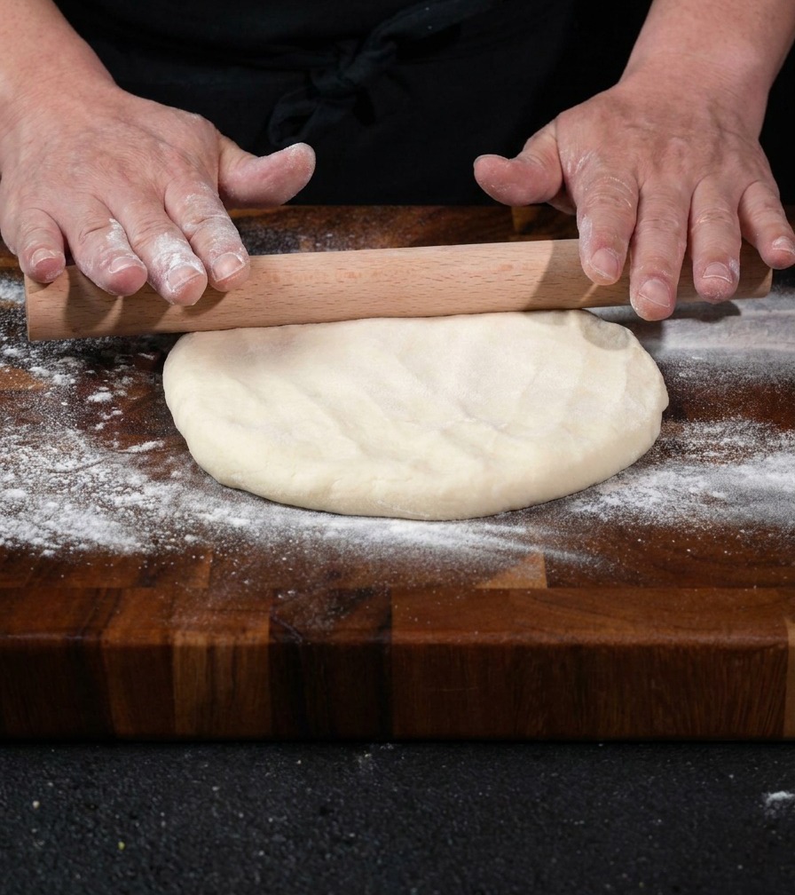 Un morceau de pâte à pizza ronde étant façonnée avec un rouleau à pâtisserie en bois sur une planche à découper.