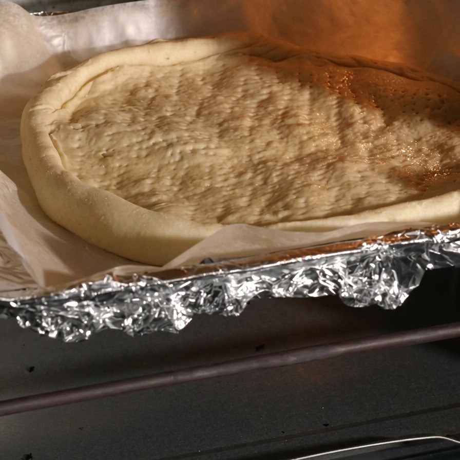 Croûte de pizza pré-cuite et prête à être garnie, sur du papier sulfurisé.