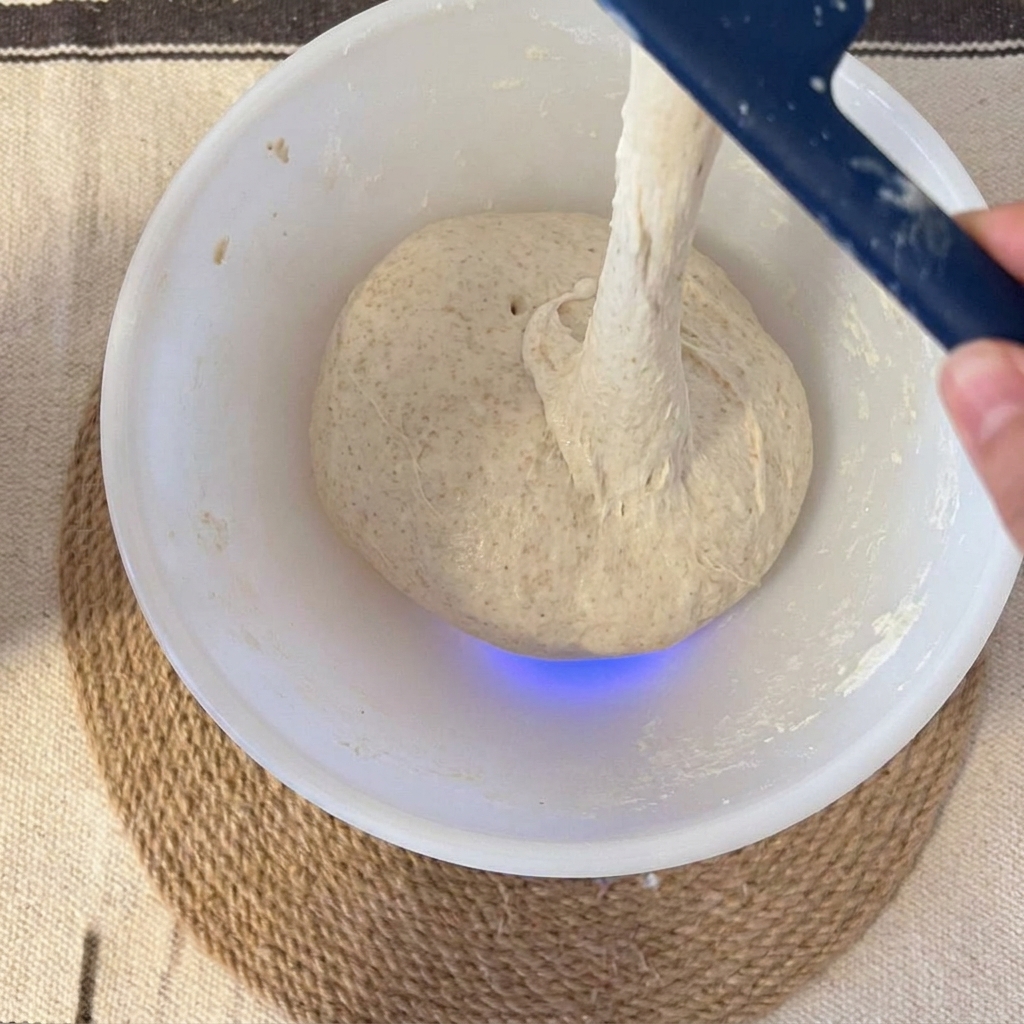 Levain, sel et eau versés dans un bol contenant la pâte autolysée.