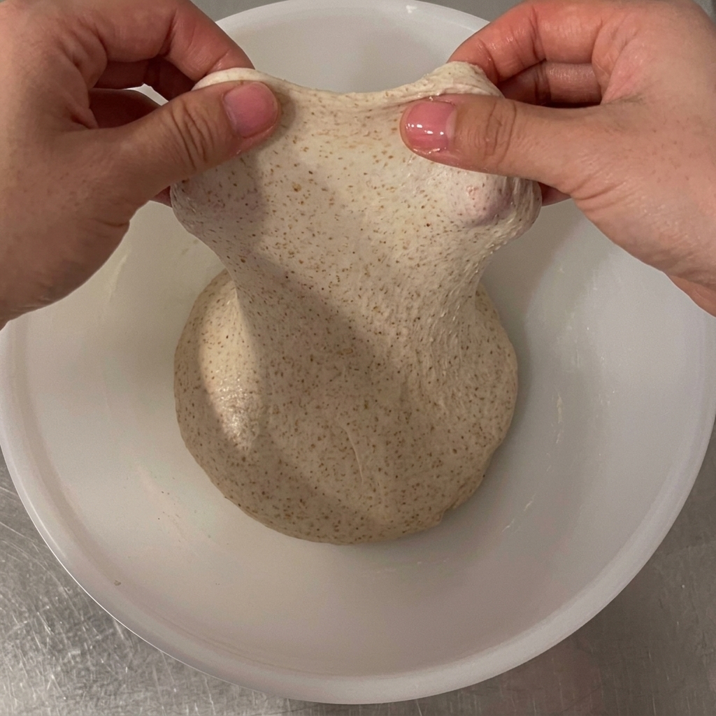 Mains soulevant une portion de pâte montrant sa structure élastique.