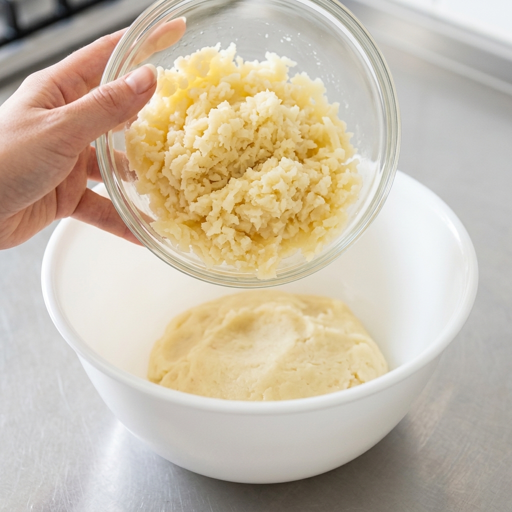 Purée de pomme de terre et romarin frais ajoutés à la pâte dans un bol.