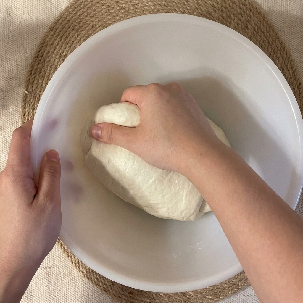Gros plan sur des mains effectuant des rabats sur la pâte dans un bol.