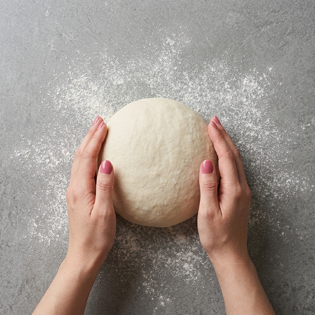 Pâte façonnée déposée dans un banneton fariné.
