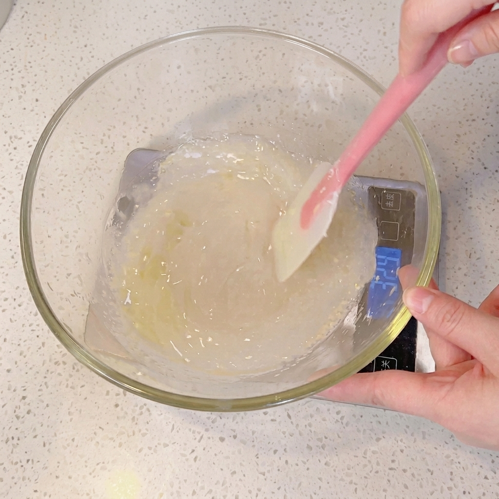 Une spatule mélangeant les ingrédients de la pâte dans un bol en verre.