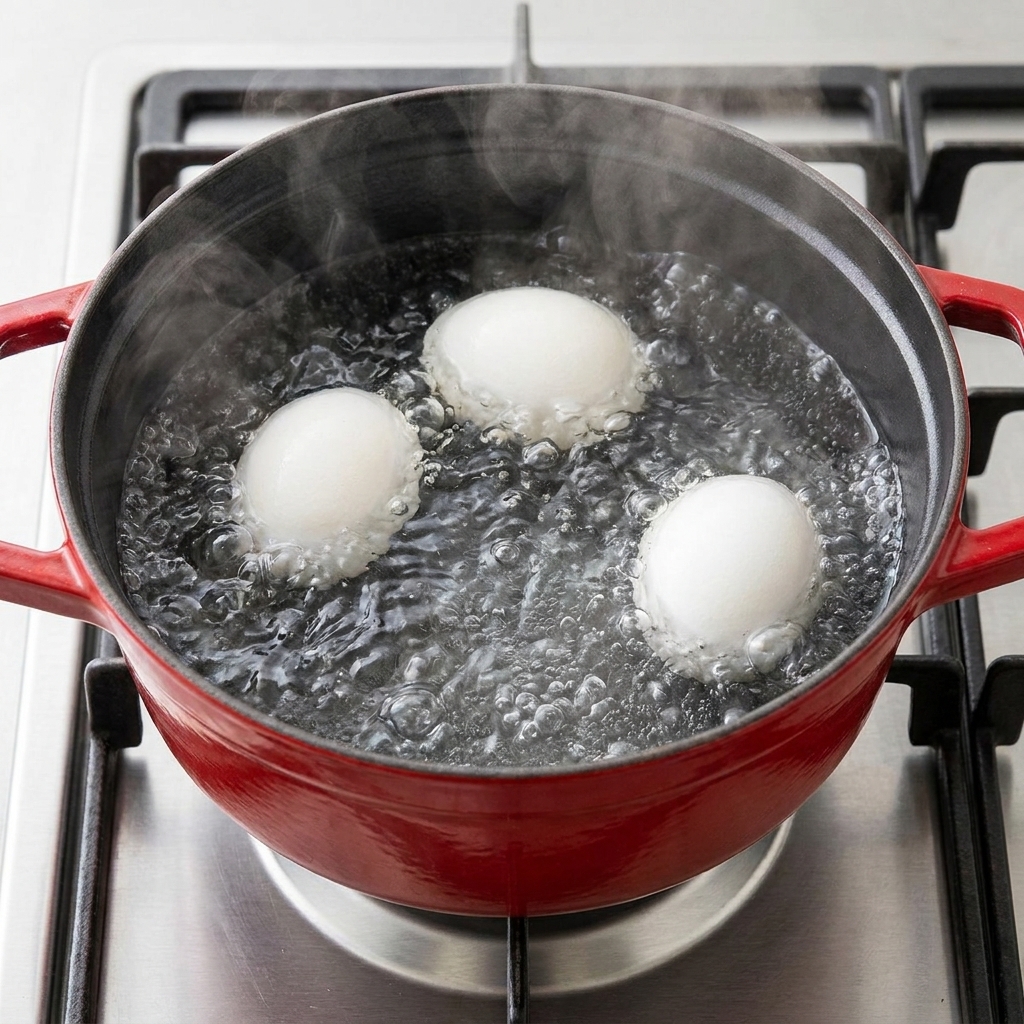 Trois œufs bouillant dans une casserole rouge sur la cuisinière.