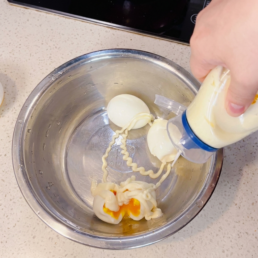 Gros plan sur des œufs durs écrasés avec de la mayonnaise dans un bol en inox.