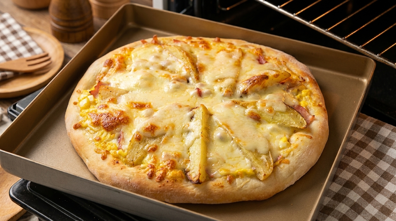 Une pizza aux quartiers de pommes de terre fraîchement cuite avec du fromage fondu, du jambon et une base de salade dœufs crémeuse.
