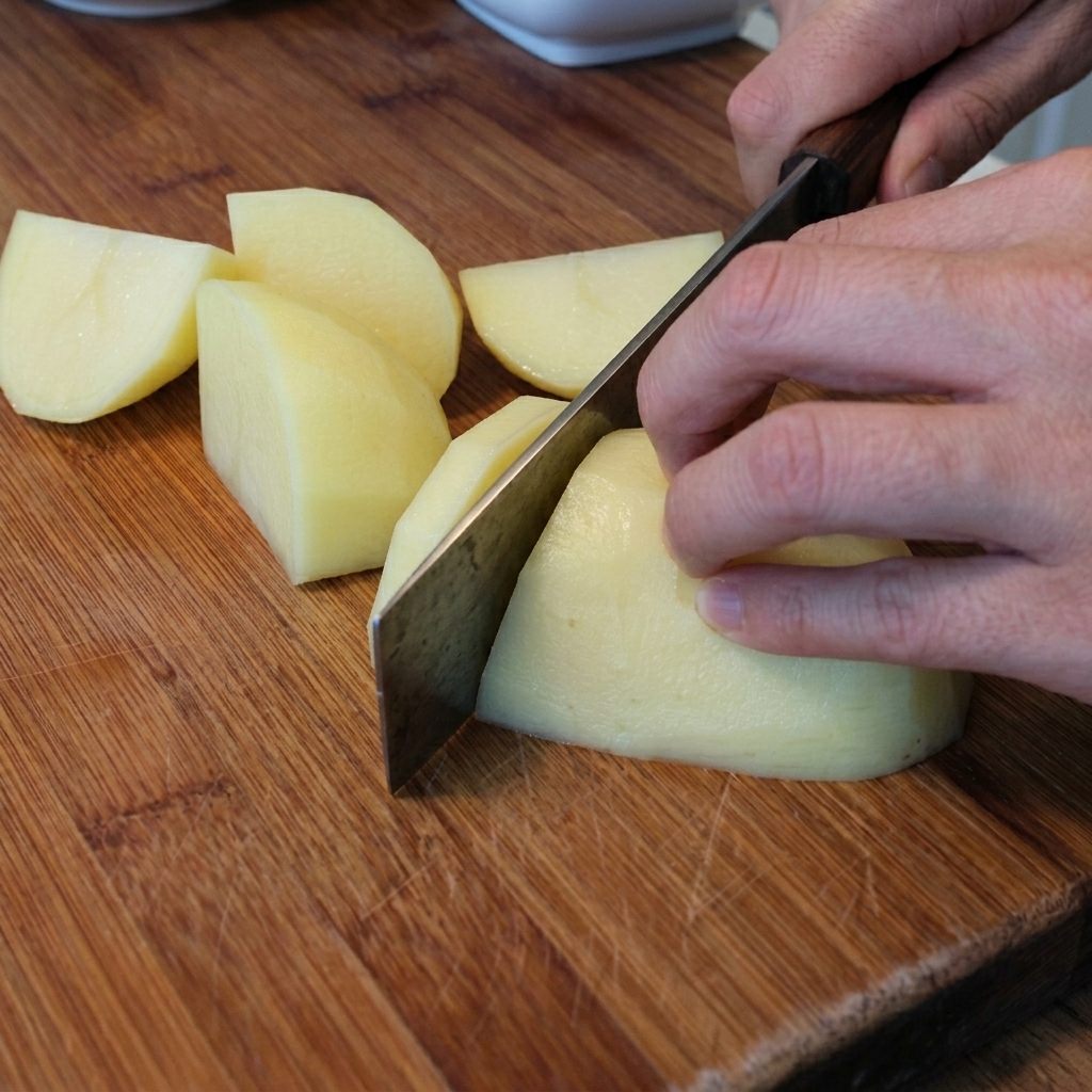 Main coupant des pommes de terre épluchées sur une planche en bois.