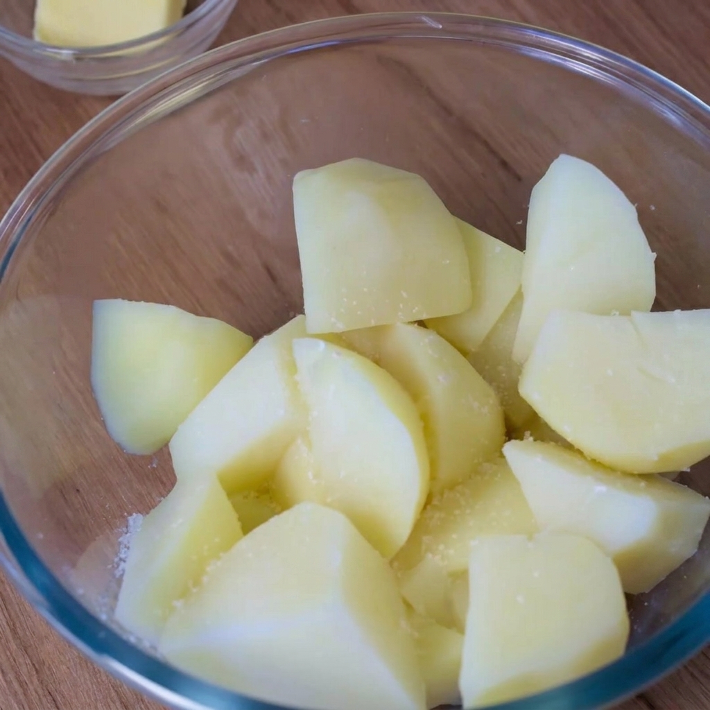 Morceaux de pommes de terre dans un bol en verre saupoudrés dépices.