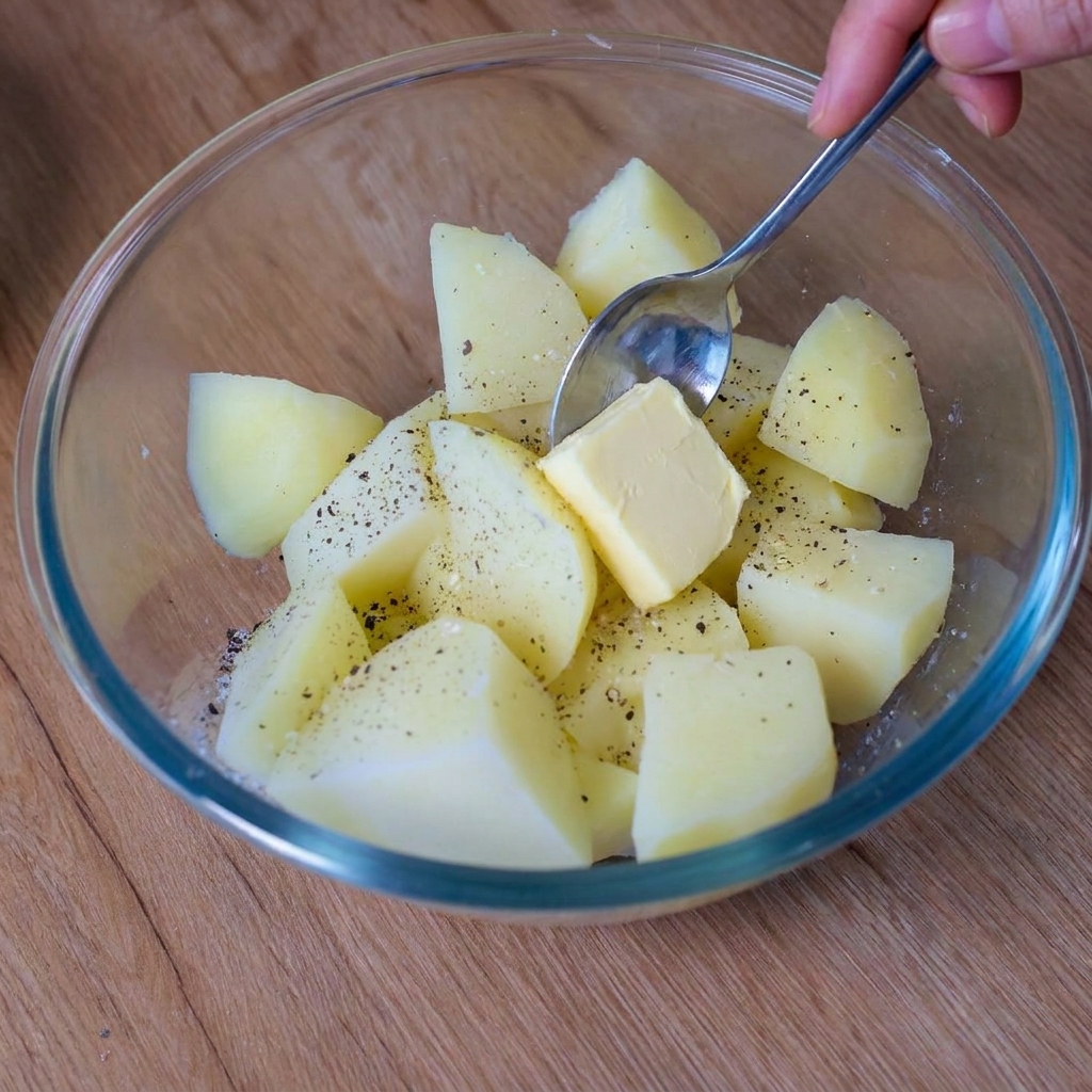 Une cuillère ajoutant une noisette de beurre sur les pommes de terre chaudes.