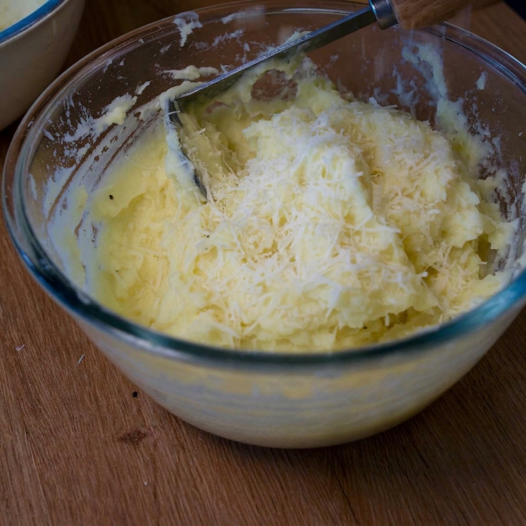 Parmesan râpé saupoudré sur la purée crémeuse dans un bol.