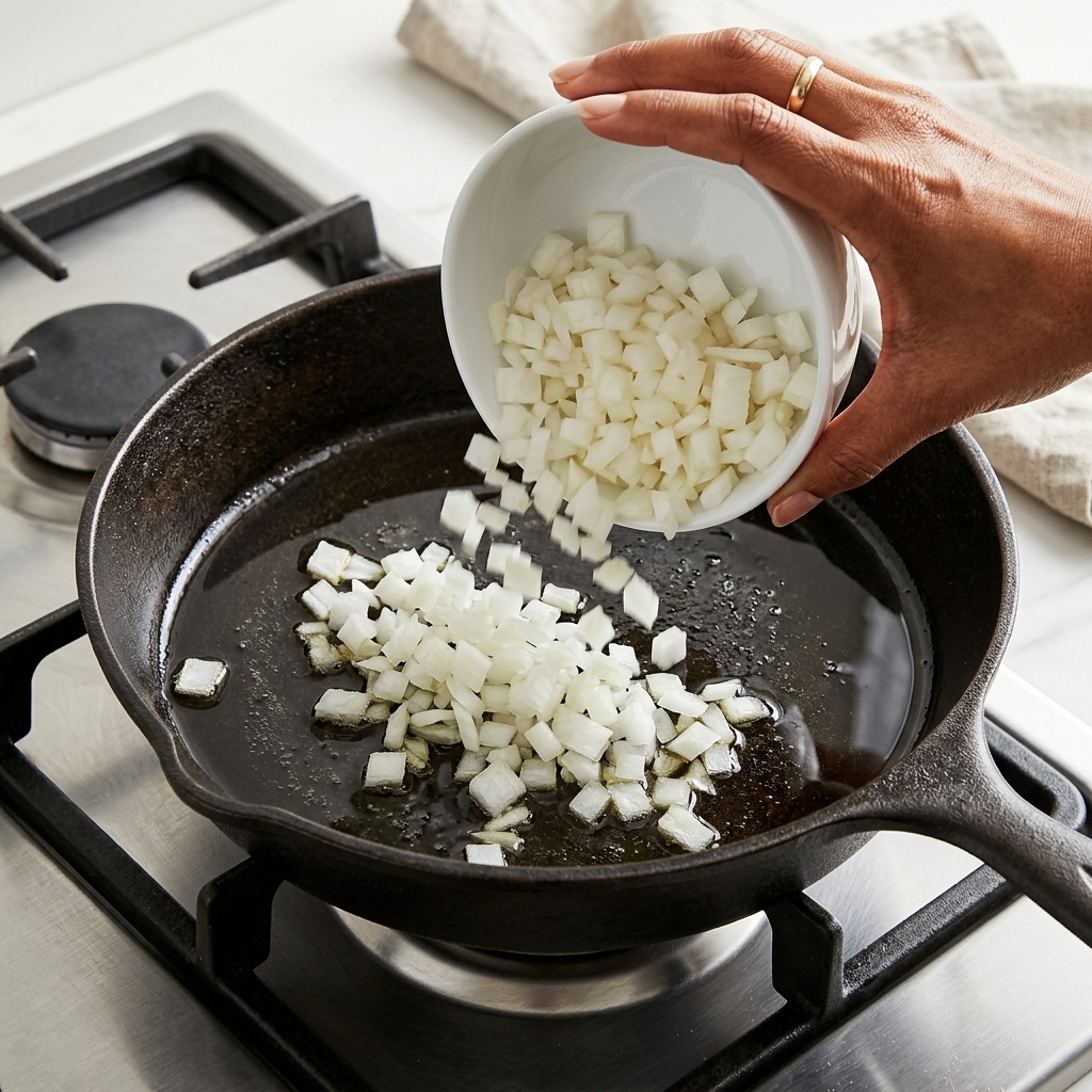 Ajout doignons hachés dans une poêle en fonte avec de lhuile dolive.